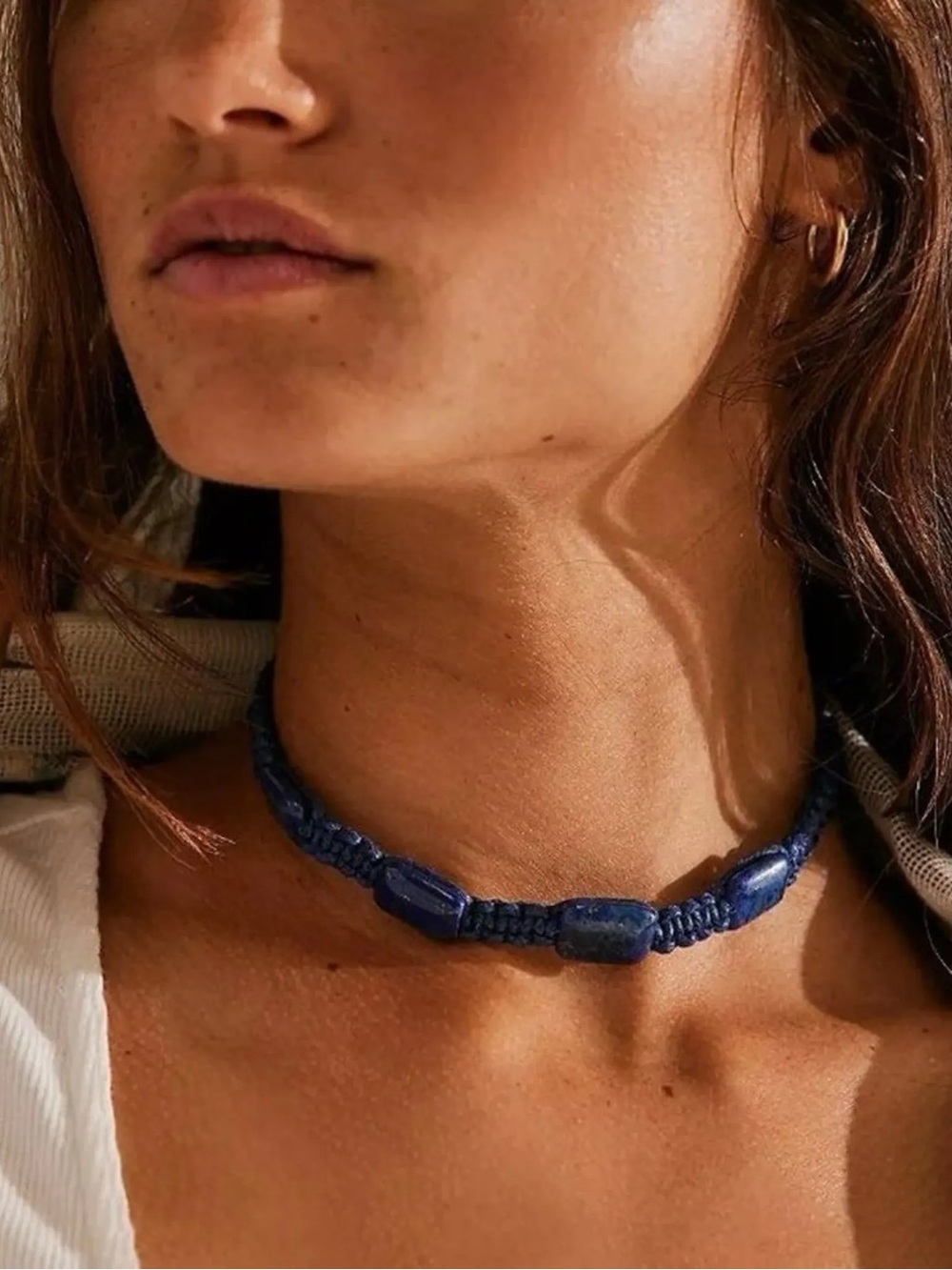 Free People Choker Necklace Blue Stone Macrame Bohemian Sweet Carolina Cord